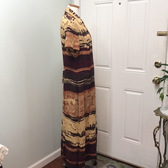 Vintage Desert Sunset Button Up Maxi Shirt Dress Sz 12 Tan Burgundy Brown - Picture 4 of 9